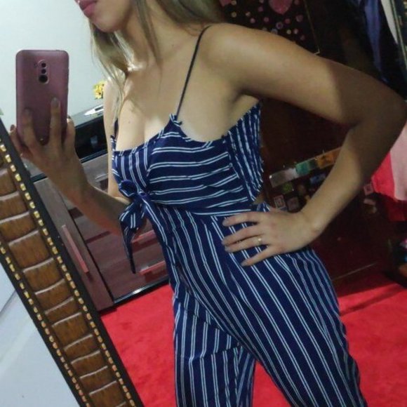 Navy Blue & White Striped Sleeveless Jumpsuit Tank - Picture 9 of 16